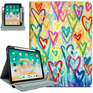 360 Rotating Case for iPad 11th Gen 2025 and 10th Gen 2022 with Pencil Holder and Hand Strap, Colorful Love Heart