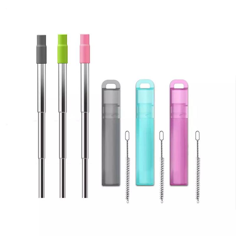 Telescopic Reusable Drinking Straws Stainless Steel Metal Straws Folding Straw Set With Case Cleaning Brush Camping Travel Straw