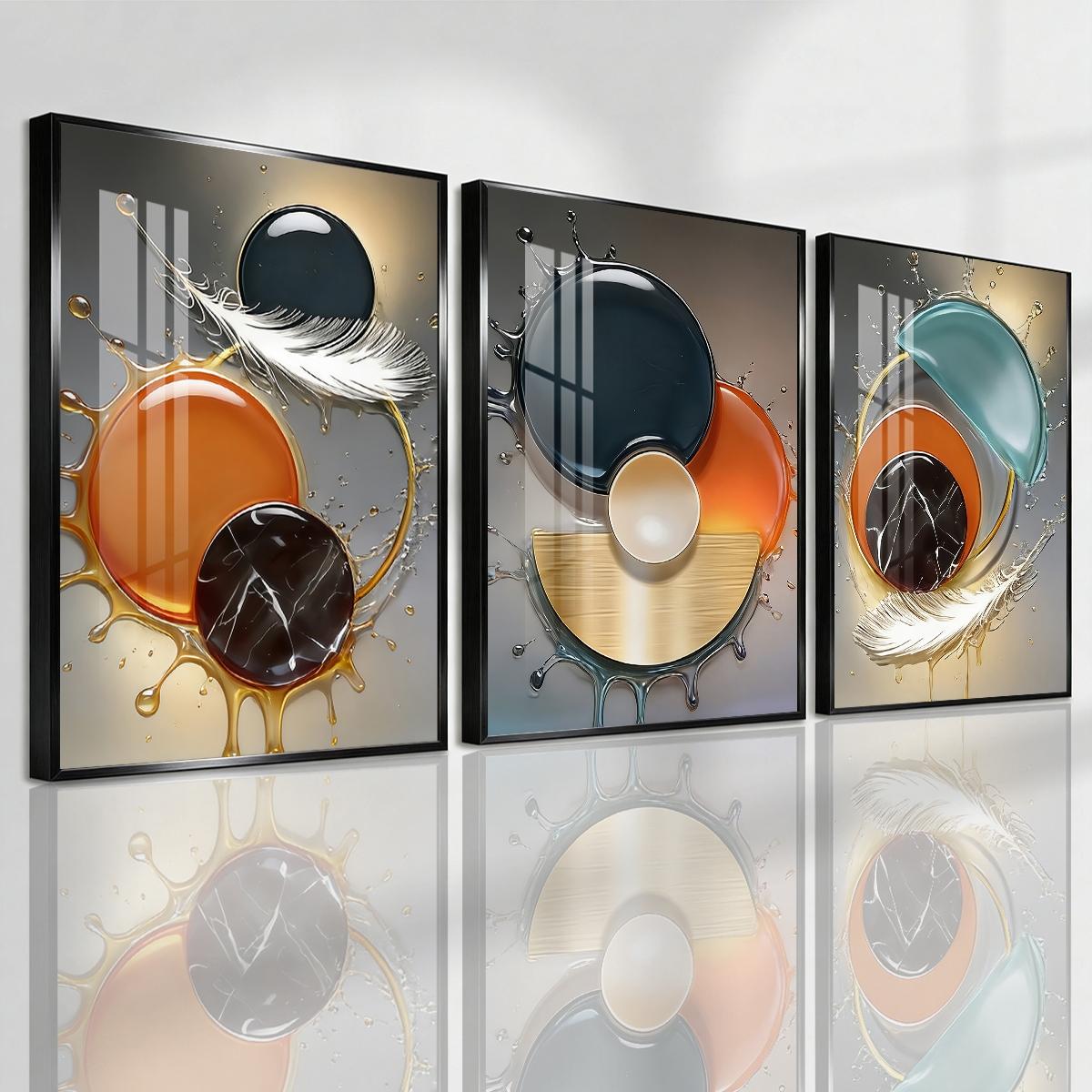 3 Counts Aluminum Alloy Framed Painting, Abstract Color Liquid Splash And Feather Art, Home Decoration For Living Room, Bedroom, Office, Restaurant, Hallway Wall Decor, Odorless Print Artwork, Luxury Perfect Gift For Friends And Family