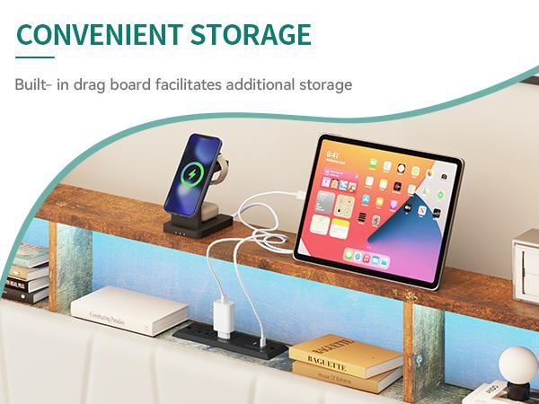 DWVO King Size Bed Frame, Storage Bed Frame w/LED Lighting & 4 Drawers, Upholstered Platform Bed Frame with Charging Station & Storage Headboard, No Box Spring Required, Easy Assembly