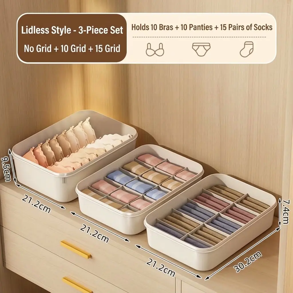 Underwear Storage Box, Home Sock Organizer, Grid Compartment Closet Tool, Three-In-One Intimate Clothing Organizer, Essential Wardrobe Accessory, Plastic Storage Box