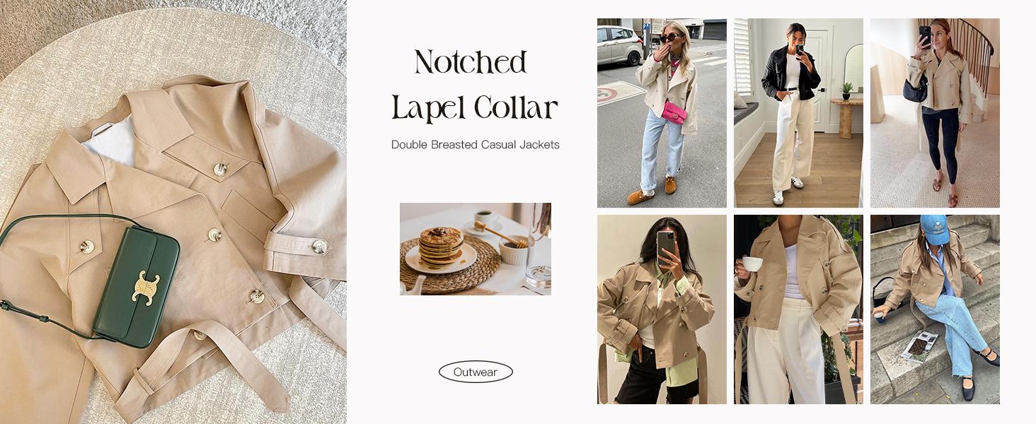 Womens Lapel Trench Coat Double Breasted Cropped Jacket Casual Outwear with Belt Tops Fit