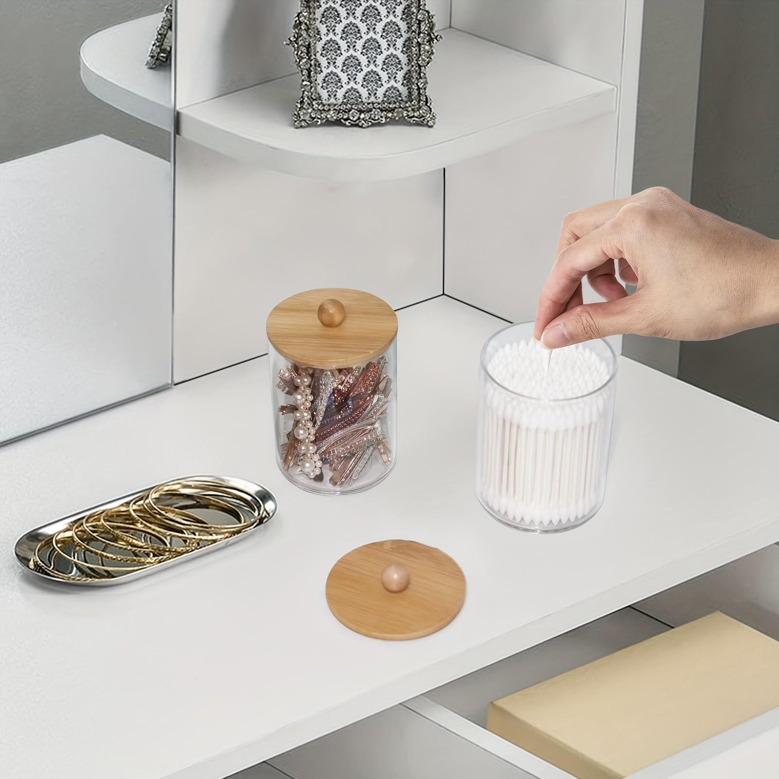 3 Piece 10 Oz Cotton Swab Organizer Set, Bamboo Lid Transparent Plastic Bottle Container, Makeup Storage Box Includes Swabs Balls Pads Floss