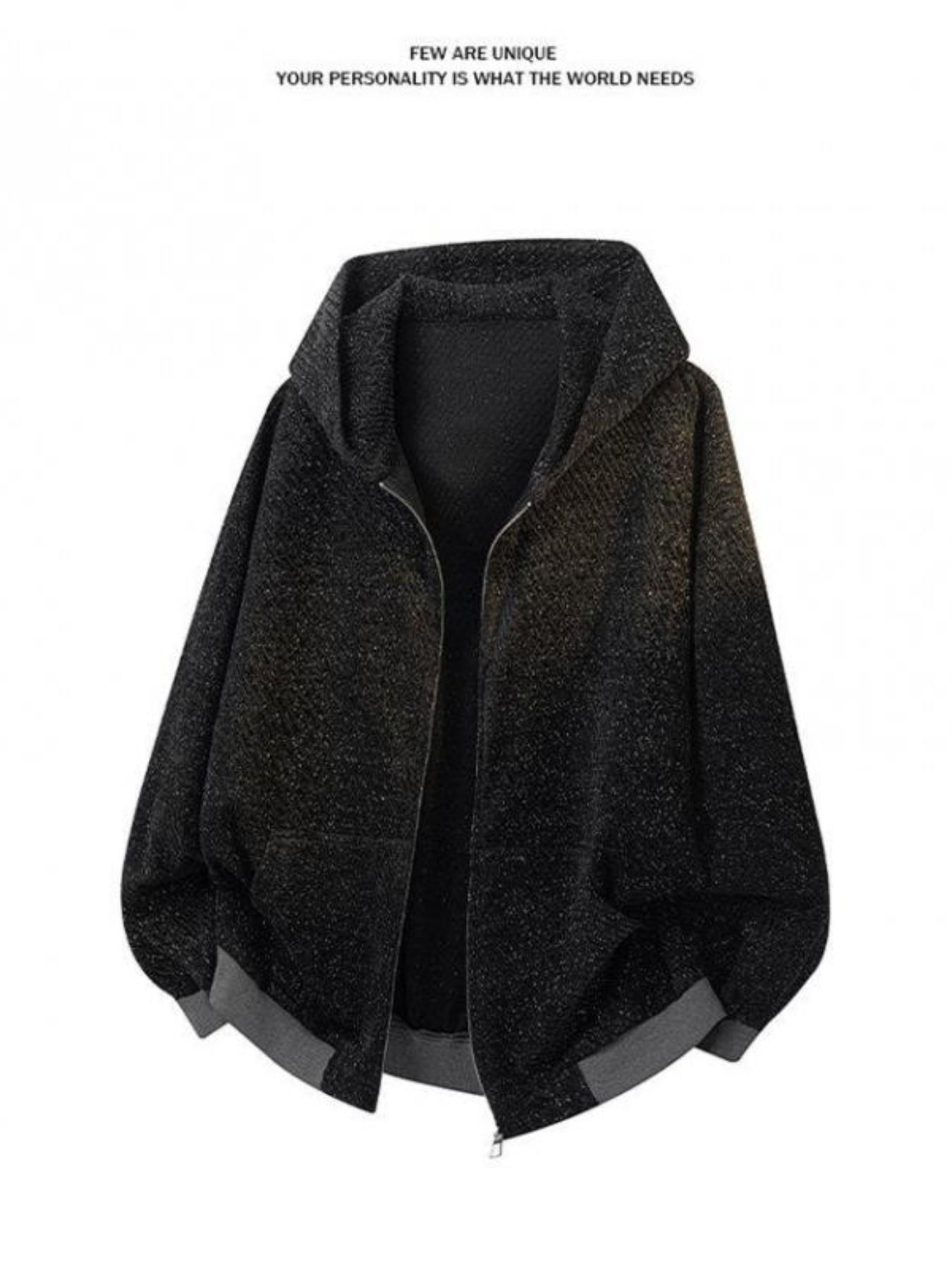 Men's Textured Shiny Full-Zip Hoodie, Heavyweight Oversized Loungewear Cardigan Jacket, American Streetwear Casual Top for Spring & Autumn