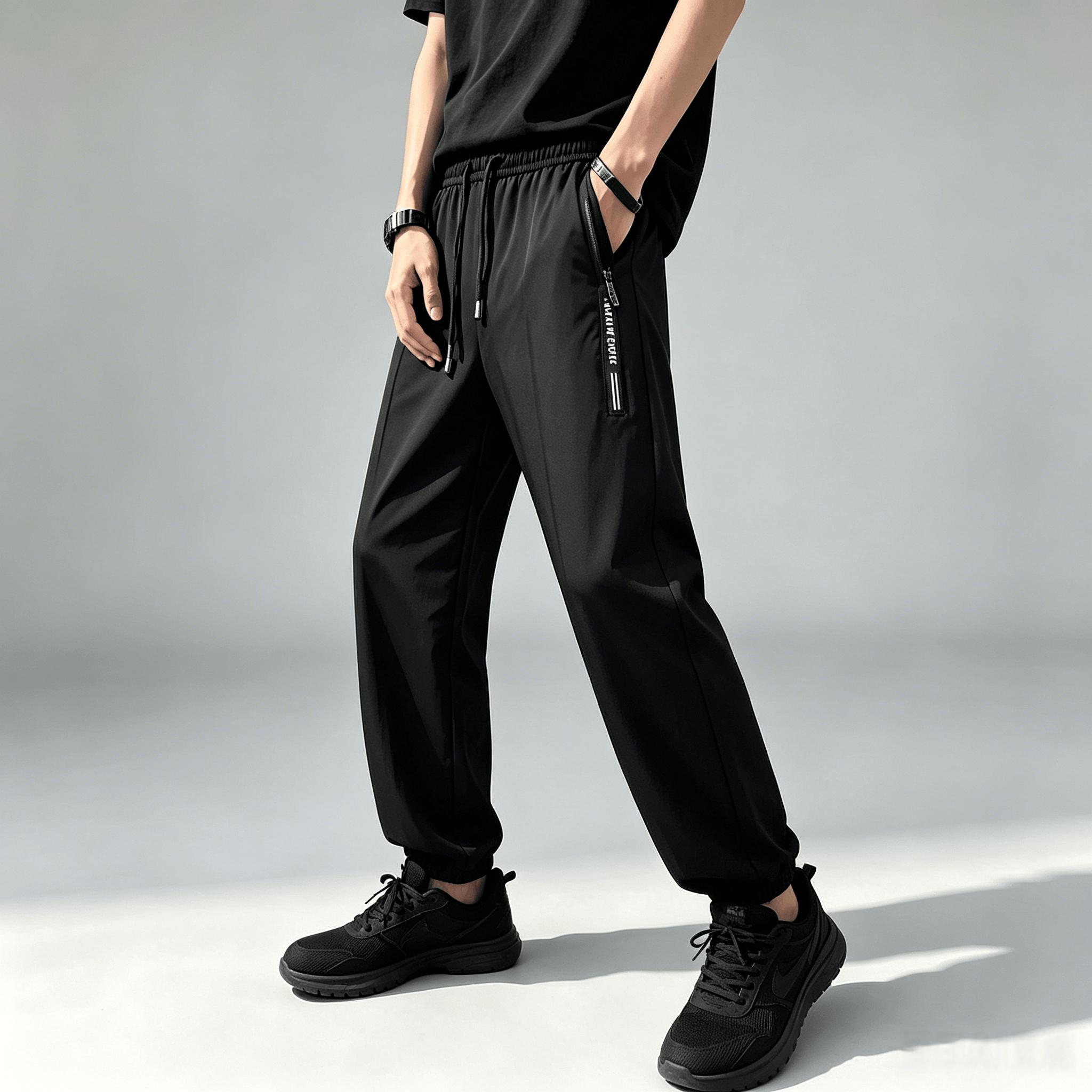 Men's Mid-Waist Ankle-Length Ice Silk Joggers - Tapered Cut, Quick-Dry Athletic Pants with Zipper Pockets, All-Scene Versatile for Gym, Biking, Sizing S, L, Plus Size