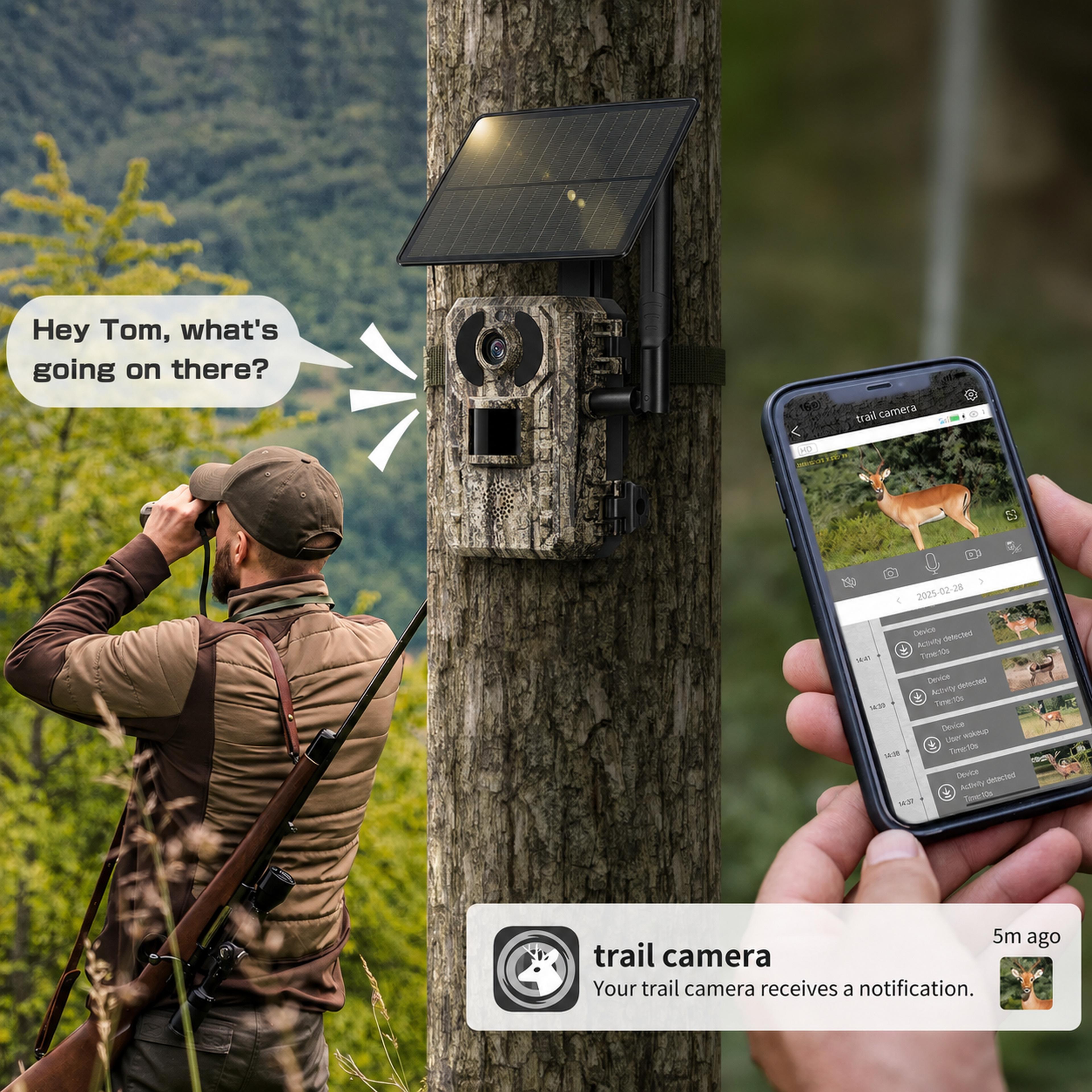 GMOX 4G LTE Solar Trail Camera for Hunting, 48MP 2K Live Feed, 0.1s Fast PIR Trigger, Low-Glow Night Vision, IP66 Waterproof, APP Remote Control, Built-in data Cellular Card (No WiFi) power cord
