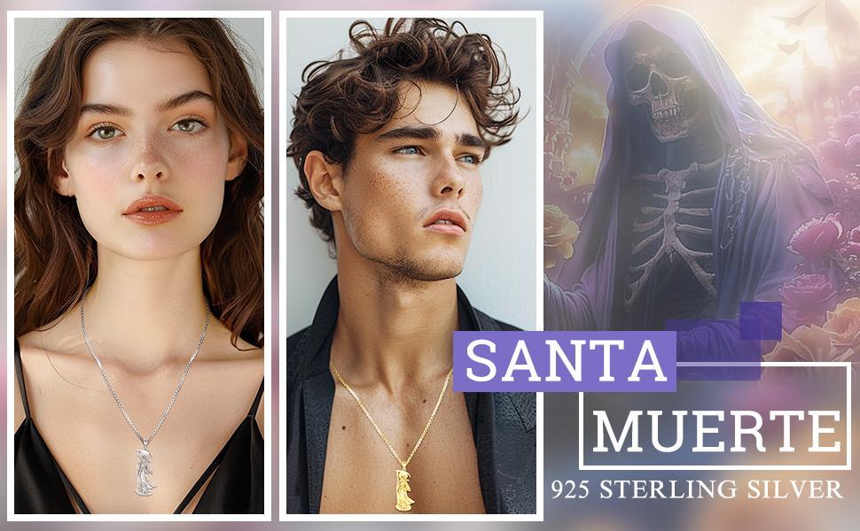 DRINSPER Santa Muerte Necklace 925 Sterling Silver Penant Necklace, Grim Reaper, Death Personified, Mythology Jewelry Necklace Gift for Men Women