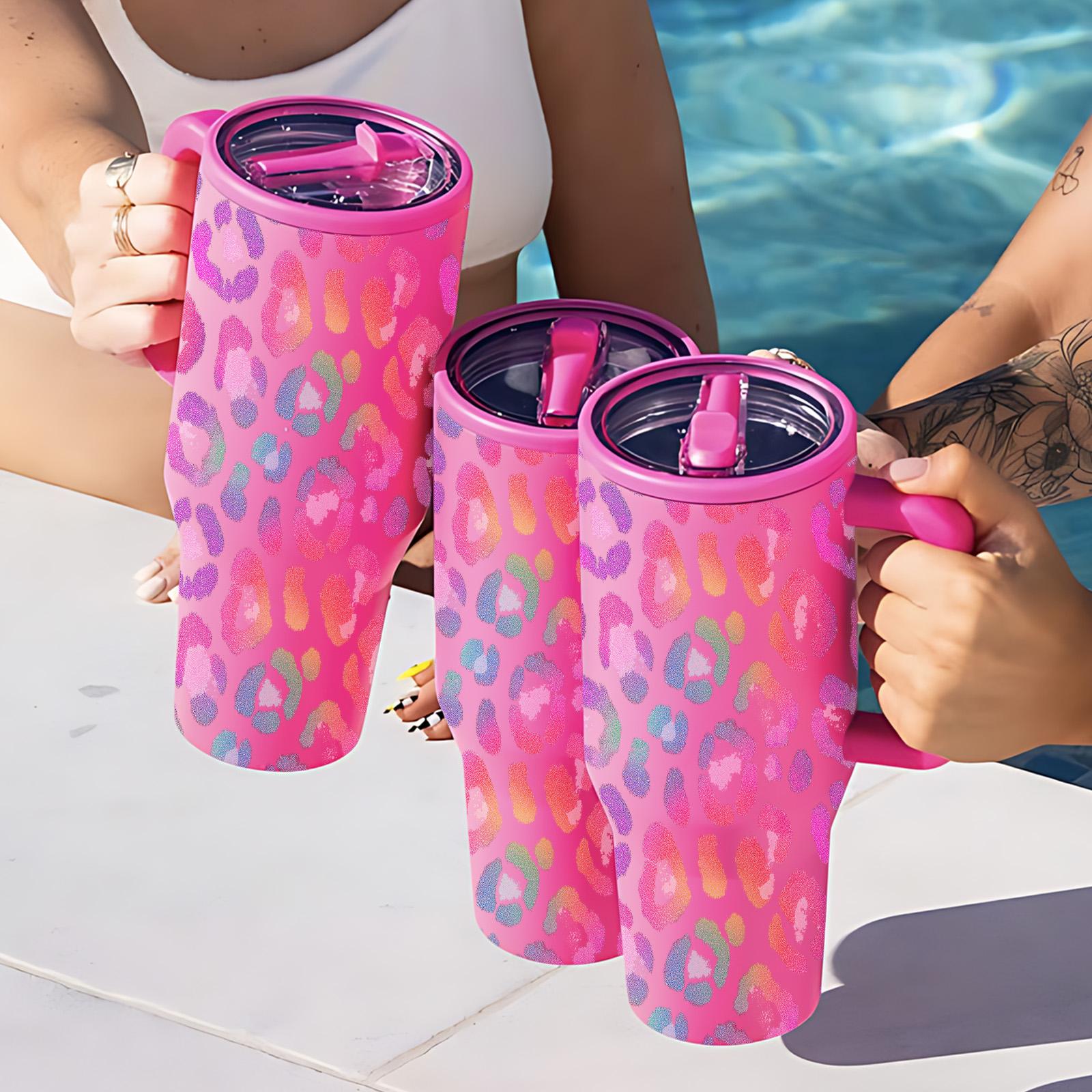 1 Pc Rainbow Leopard Print thermal mug, Vacuum insulated tumbler,40oz with handle, double wall vacuum insulated stainless, leak proof lid, keeps hot 12h cold 24h, for iced coffee tea water, sweat free grip, travel office daily, gift for women men