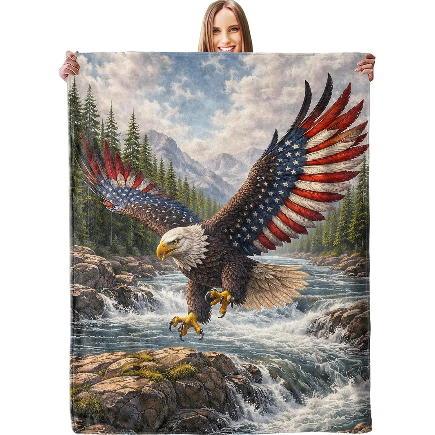 American Flag Eagle Blanket, Soft Patriotic Bald Eagle River Mountain Throw Blanket Gifts for Women Men, Lightweight Warm Cozy 60*50 inch Wildlife Flannel for Couch, Travel, Bed, Decor