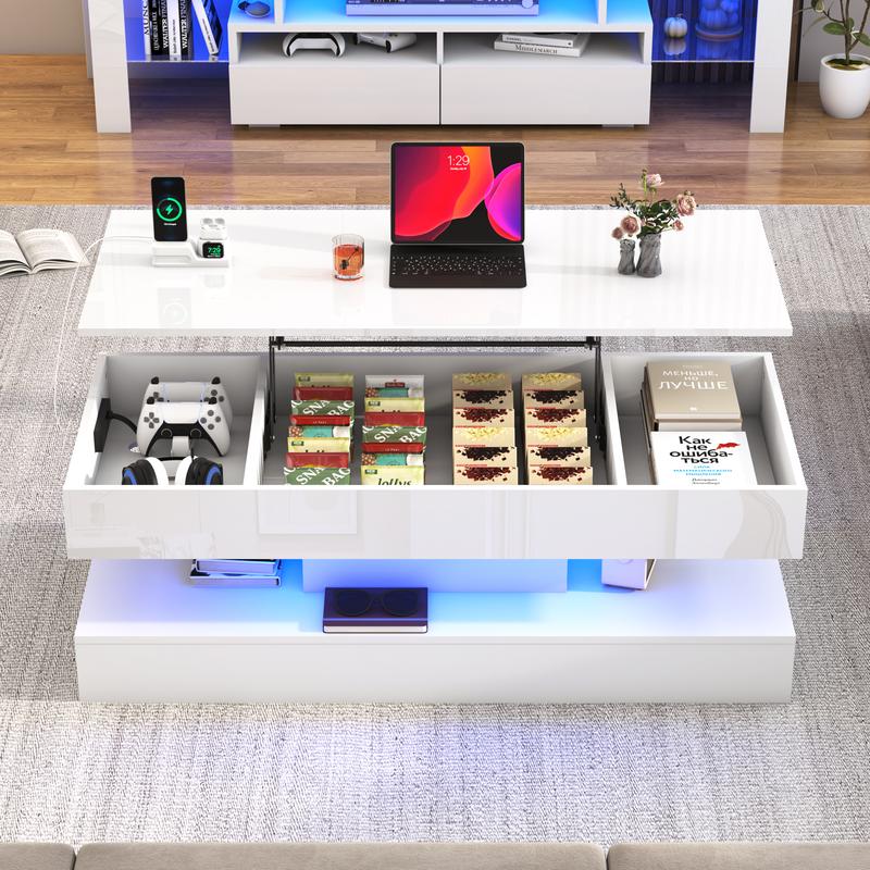39.4"/47.2" Large Lift Top Coffee Table,Modern High Glossy LED Coffee Tables for Living Room with Storage,Black Living Room Tables for Living Room,Dining Room,Bedroom Home Office,APP LED Lights（Black/white）