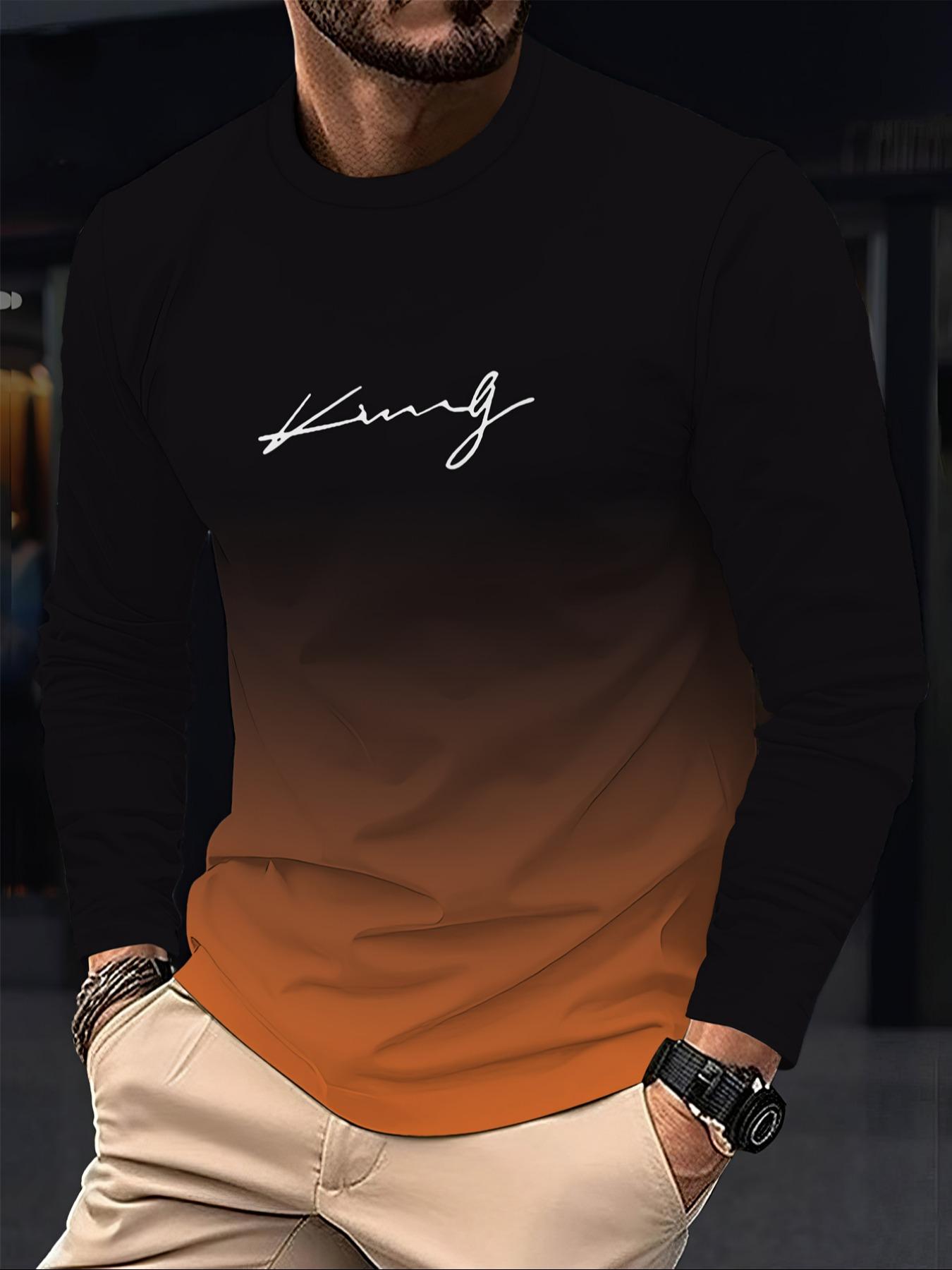 Men's Casual Long Sleeve Fitted T-Shirt, Gradient Color, Polyester Material, Round Neck, Letter Print Design