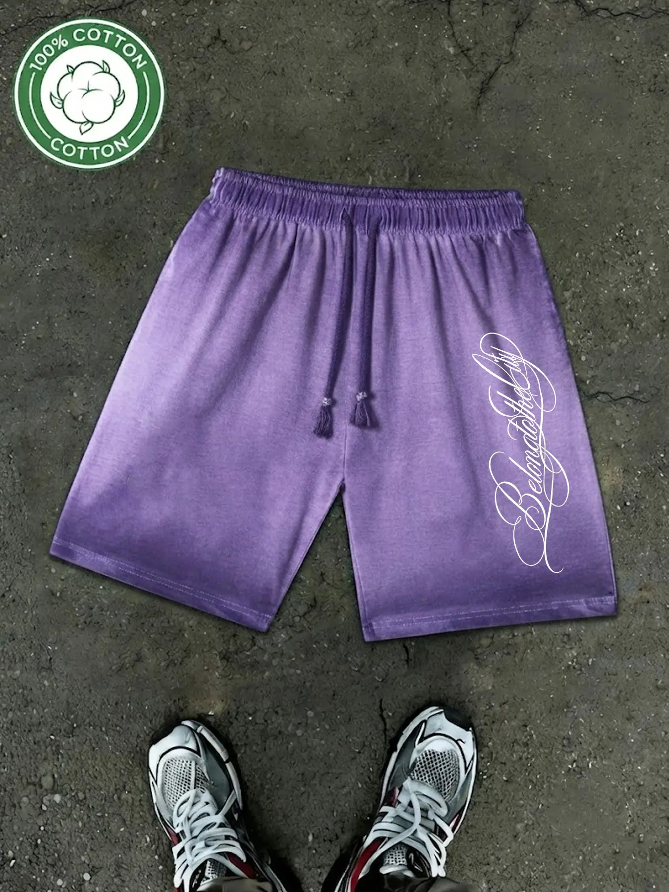 100% Cotton Vintage Gradient Sweat Shorts for Men, Cursive Script Print Loose Fit 5 Inch Shorts, Gym Casual Streetwear Versatile Summer Bottoms, Casual Graphic Shorts