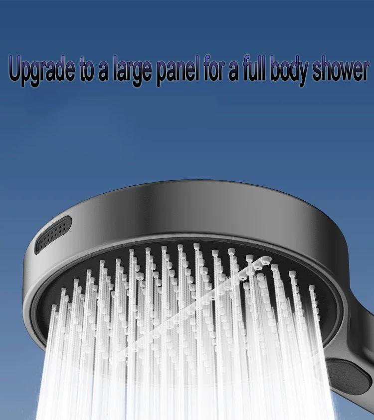 5.9-inch super large panel handheld showerhead features four water modes. It provides a powerful water flow that envelops your entire body and comes with a bracket and a 59in‘ soft hose, silver and gray