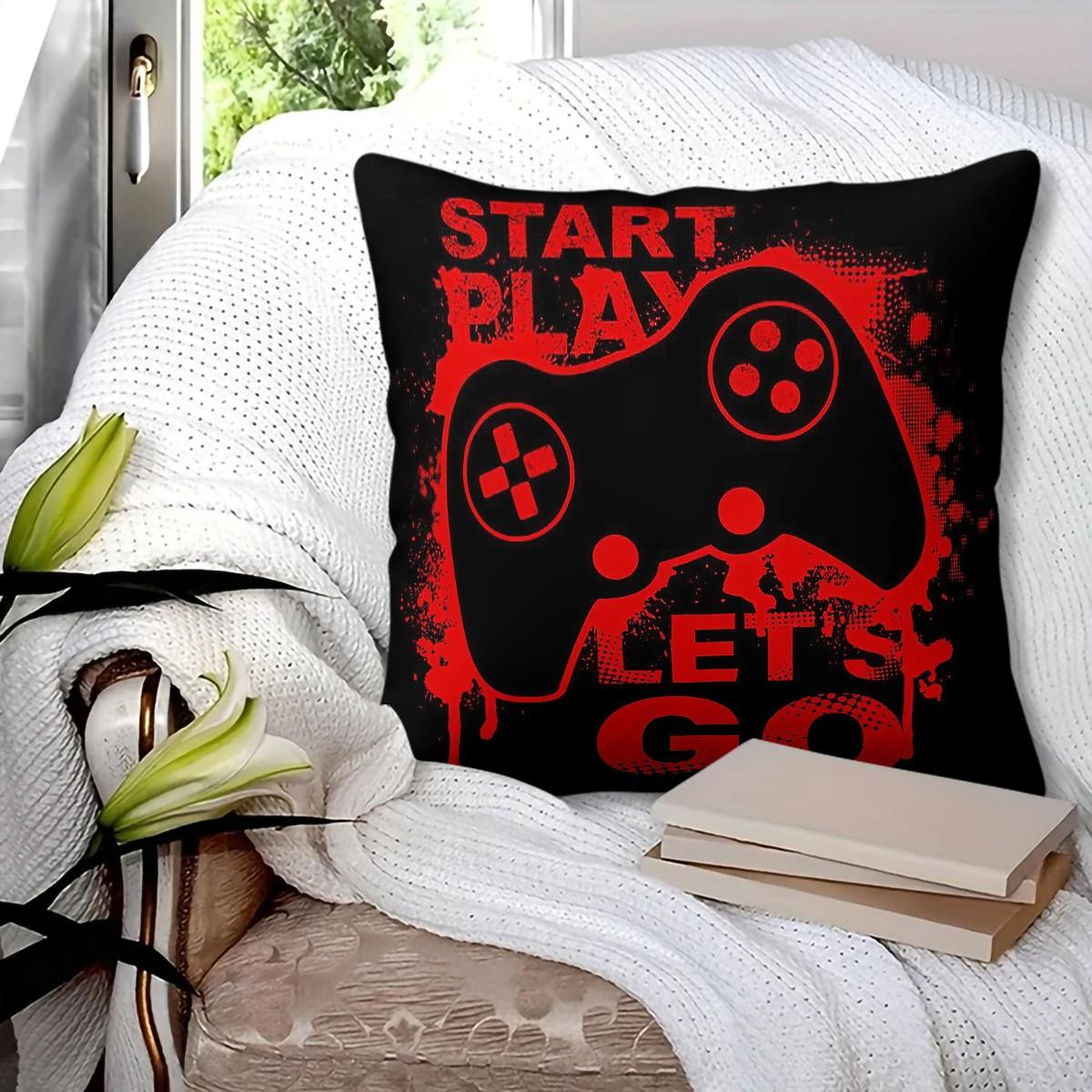 Gamer Theme Throw Pillow,Start Play Let's Go Game Controller Decorative Cushion,Red Black Graffiti Accent Pillow for Gaming Room,Bedroom,Sofa,Couch,Dorm,Includes Pillow Core,Perfect Gamer Gift for Teen Boys & Game Lovers
