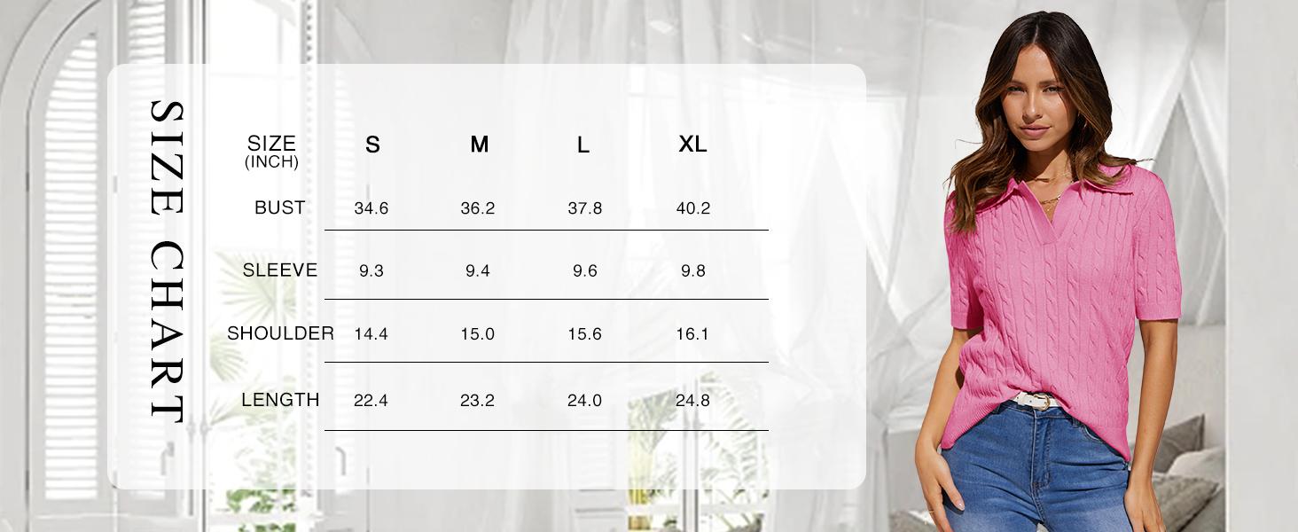 Goranbon Women's Cable Short Sleeve Sweaters Tops Solid Lapel V Neck Knit Casual Soft Pullover Shirt