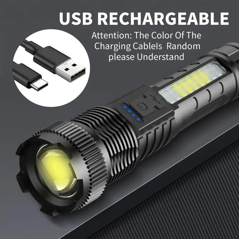 2-piece rechargeable zoom ultra bright flashlight, suitable for emergency power outages, outdoor camping, hurricanes Rechargeable LED battery powered, with 6 lighting modes and COB side lights Strong light, red and blue flashing flashlight