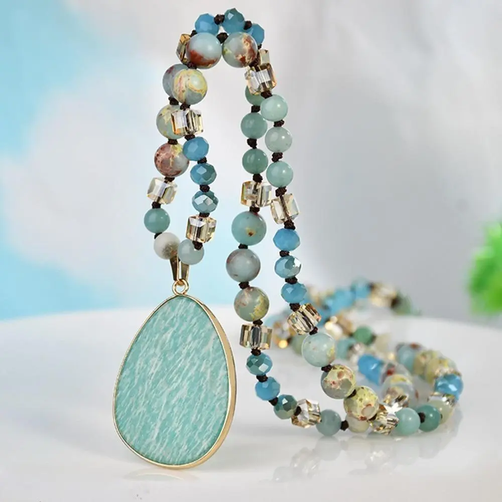 Women's Fashion Waist-Line-Optimizing Bag Charm - Knotted Nodes Waist-Length Sweater Necklace, Autumn Winter New Arrival, Natural Imperial Stone Pendant with Amazonite Accent, Long Chain, Light Luxury Retro Texture, for Daily Wear & Gifting, Optimizes Wai