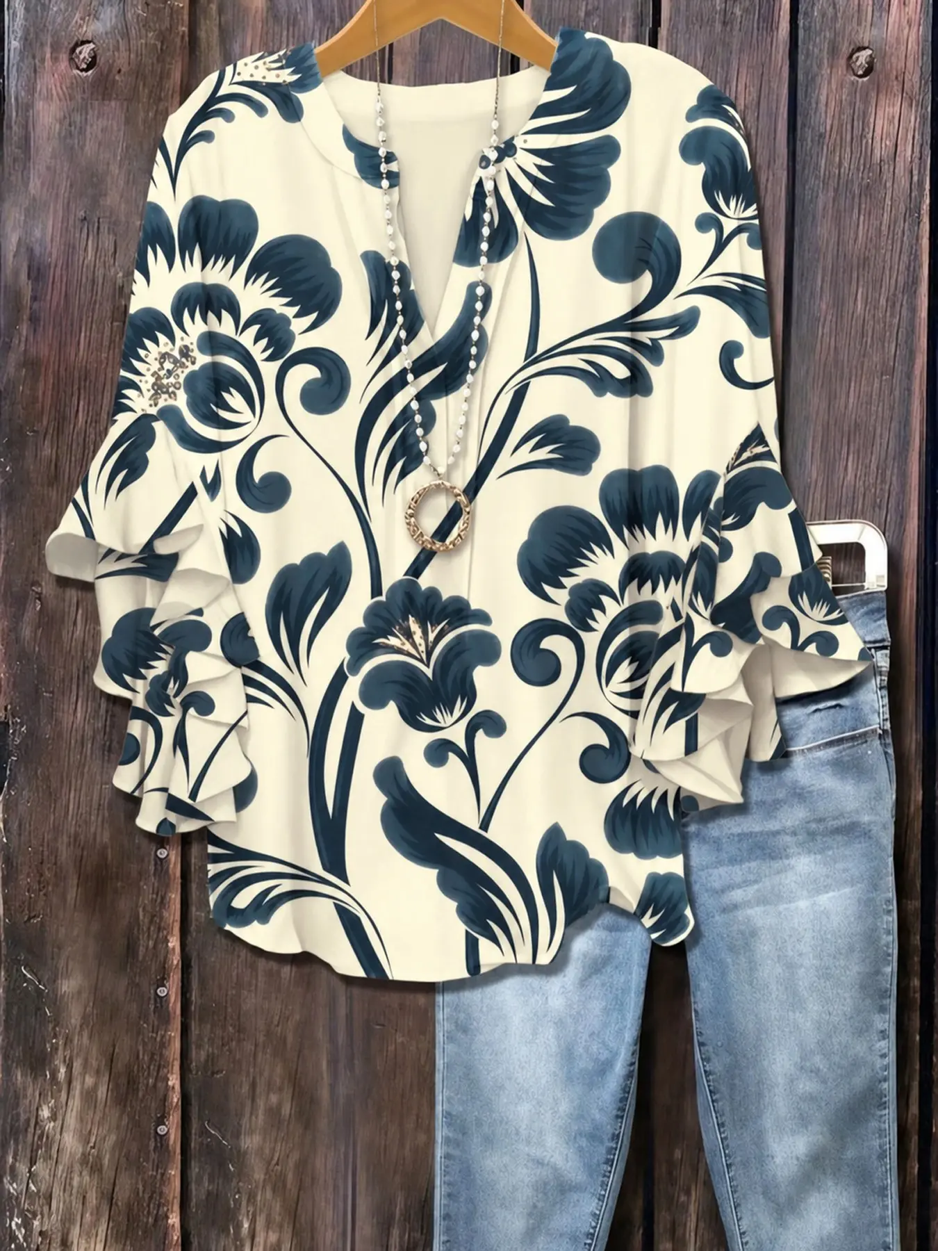 Plus Size Floral Print Flounce Sleeve Ruffles Blouse, Casual Loose-Fit Notched-Neck Top, Summer Wear, Trendy Bohemian Shirts, Comfortable Relaxed-Fit Blouse, Stylish Elegant Top for Parties, Boho Fashion Top
