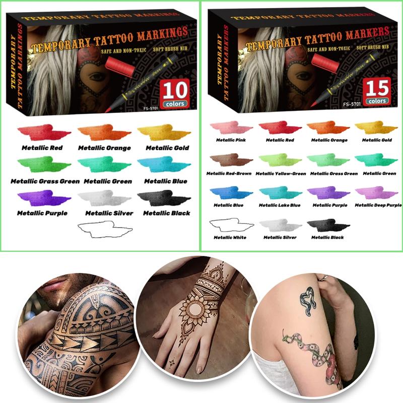 Temporary Tattoo Markers for Skin, 10/15-Count Body Markers 10/15-Color Tattoo Pens, Flexible Brush Tip, Bright Colors, Cosmetic Quality Face Paint Kit, Perfect Christmas Gifts