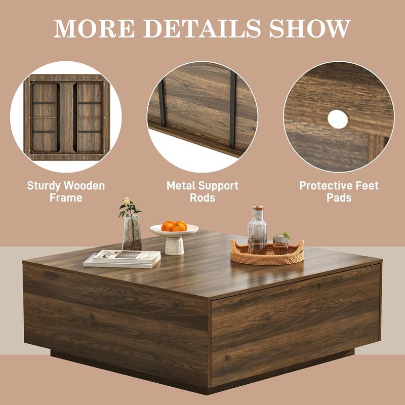 Square Coffee Table with Storage, Modern Large Square Center Table with 2 Drawers, Wood Coffee Table for Living Room, Walnut/Light Brown Square Coffee Table with Storage, Modern Large Square Center Table with 2 Drawers, Wood Coffee Table for Living Room, Walnut/Light Brown