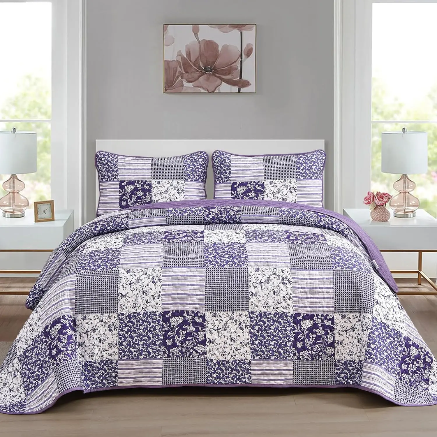 Boho Queen Size, Patchwork Reversible Bedding Set, Purple| Soft Lightweight Microfiber Floral Coverlet Set, 3 Pieces Reversible Bedspread, Bed Sets for All 90"x96"