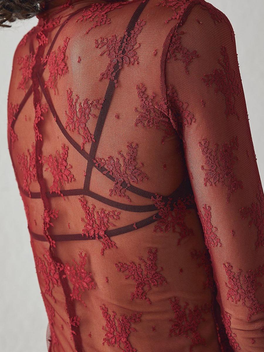 Women's Floral Layering Lace Tops With Thumb Hole, Mesh See Through Slim Shirt All Seasons, Micro Elasticity Long Sleeve Mock Neck Sxy Style