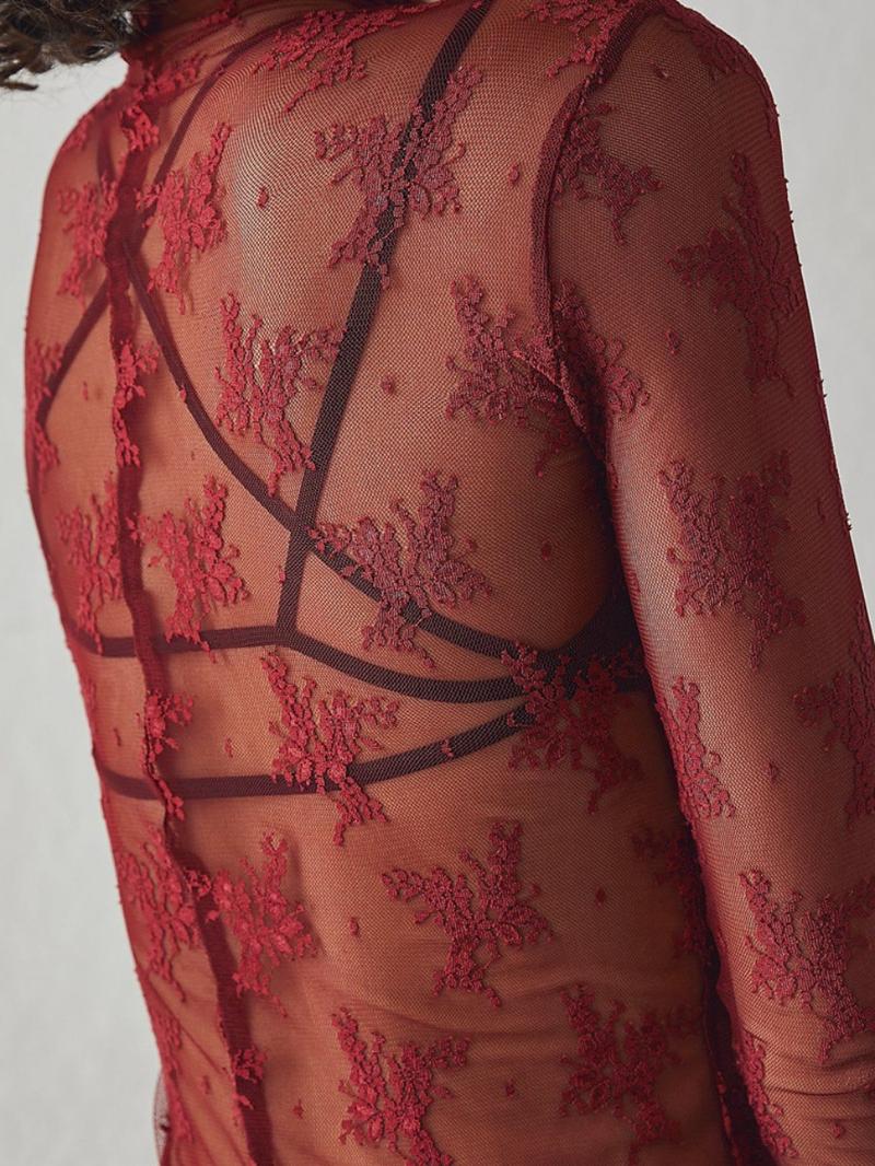 Women's Floral Layering Lace Tops With Thumb Hole, Mesh See Through Slim Shirt All Seasons, Micro Elasticity Long Sleeve Mock Neck Sxy Style