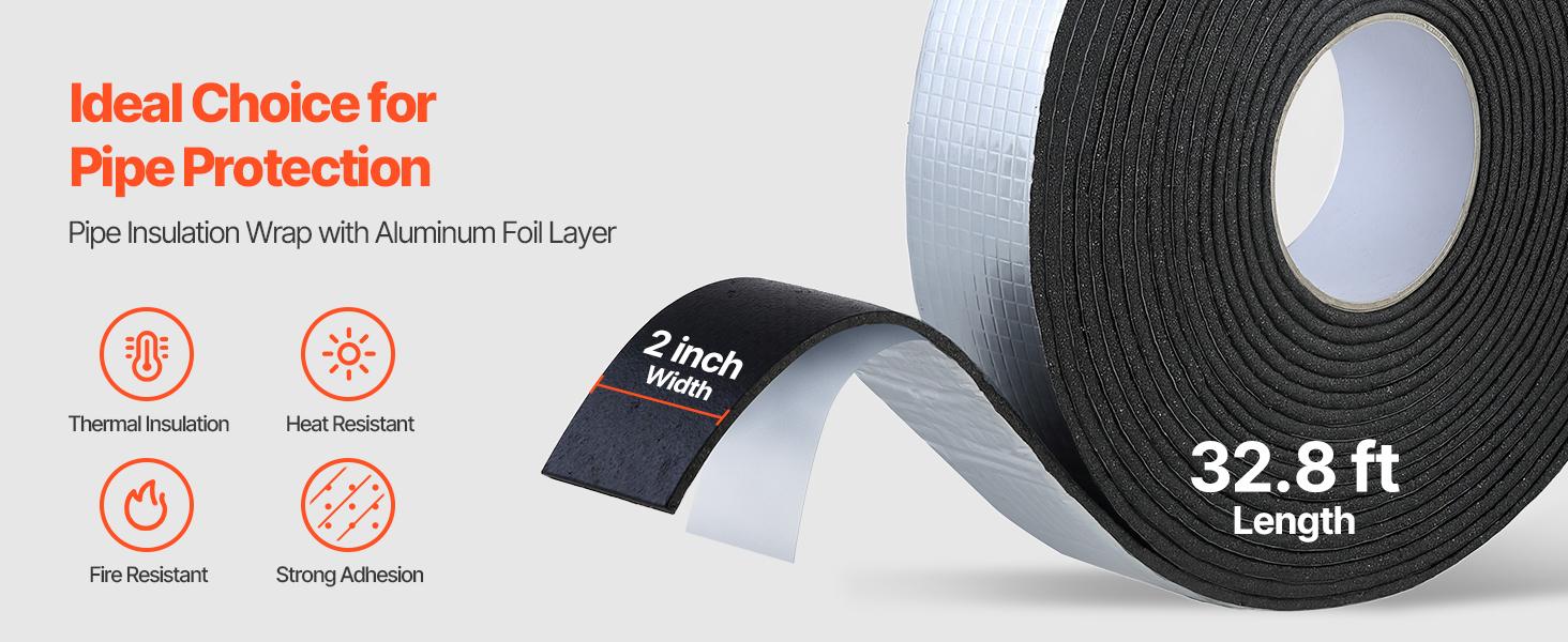 VEVOR Pipe Insulation Wrap, 32.8 FTx 2-inch Pipe Insulation Tape with Aluminum Foil Layer, Self-Adhesive Foam and Foil Pipes Wrap for Freeze Protection, Heat Cold Resistant for Outdoor Indoor Use