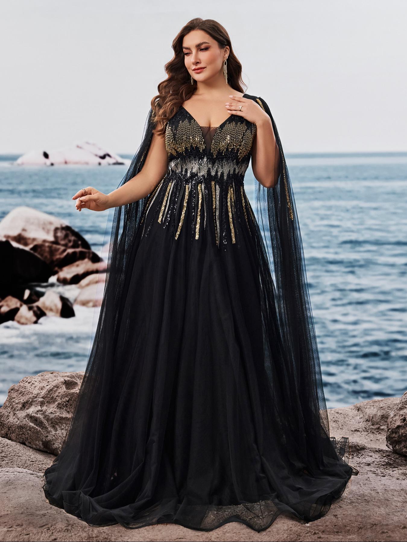 chinese dress ladies Formal Black V-Neck High Split Long Plus Size Prom Dress