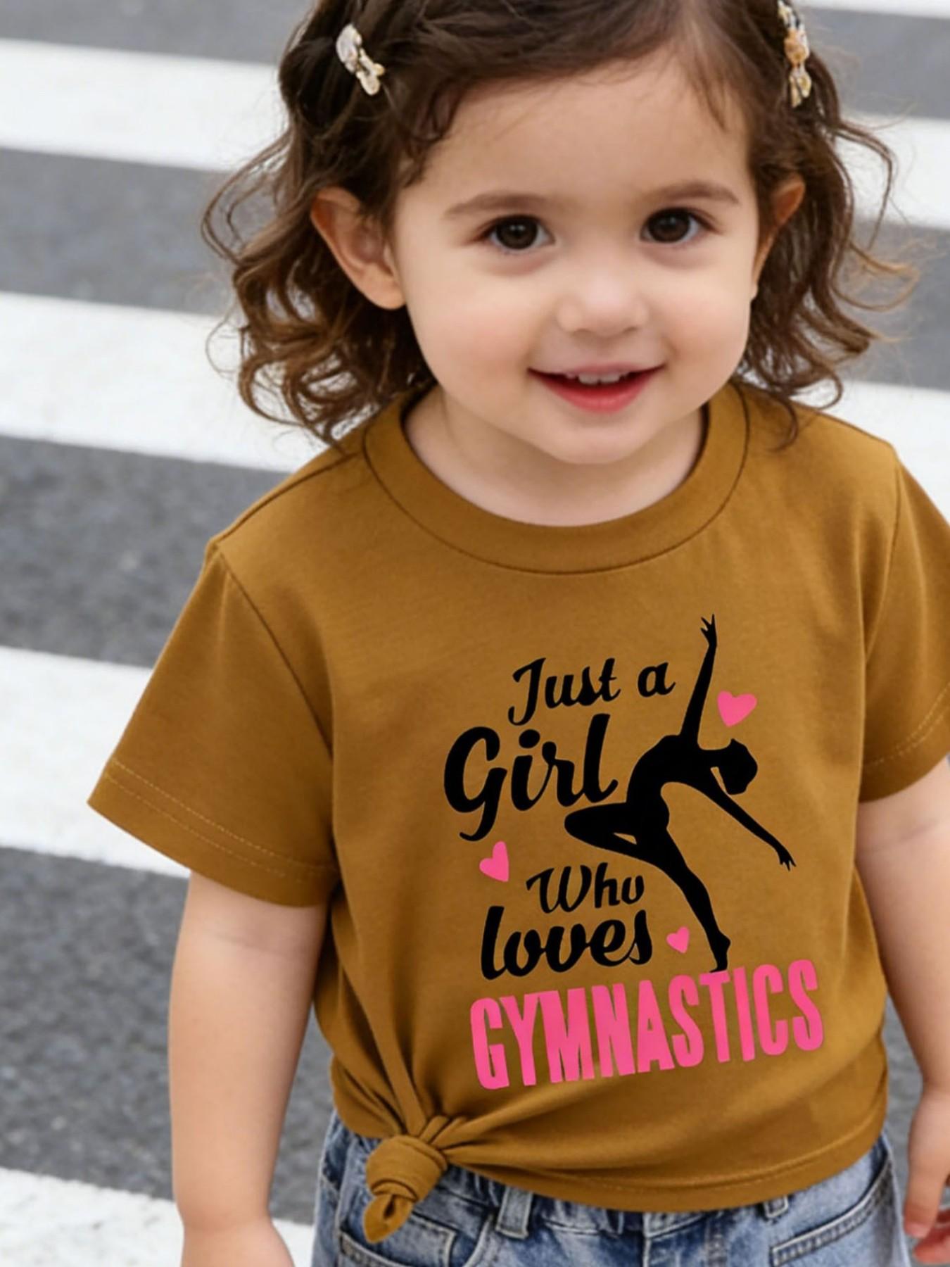 Summer Gym Lover Just a Girl Print Girls Short Sleeve T-Shirt, Cute Cartoon Pattern, Fitted Style, Casual Wear