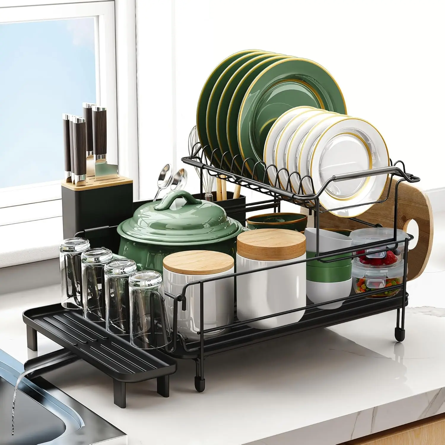 Large Dish Drying Rack with Drainboard Set, Stainless Steel Detachable 2-in-1 Large-Capacity 2-Tier Over The Sink Anti-Rust Dish Rack and Dish Drainer for Kitchen Counter | 2 Tier Extendable Stainless Steel Dish Rack Used in Sink & Kitchen Counte