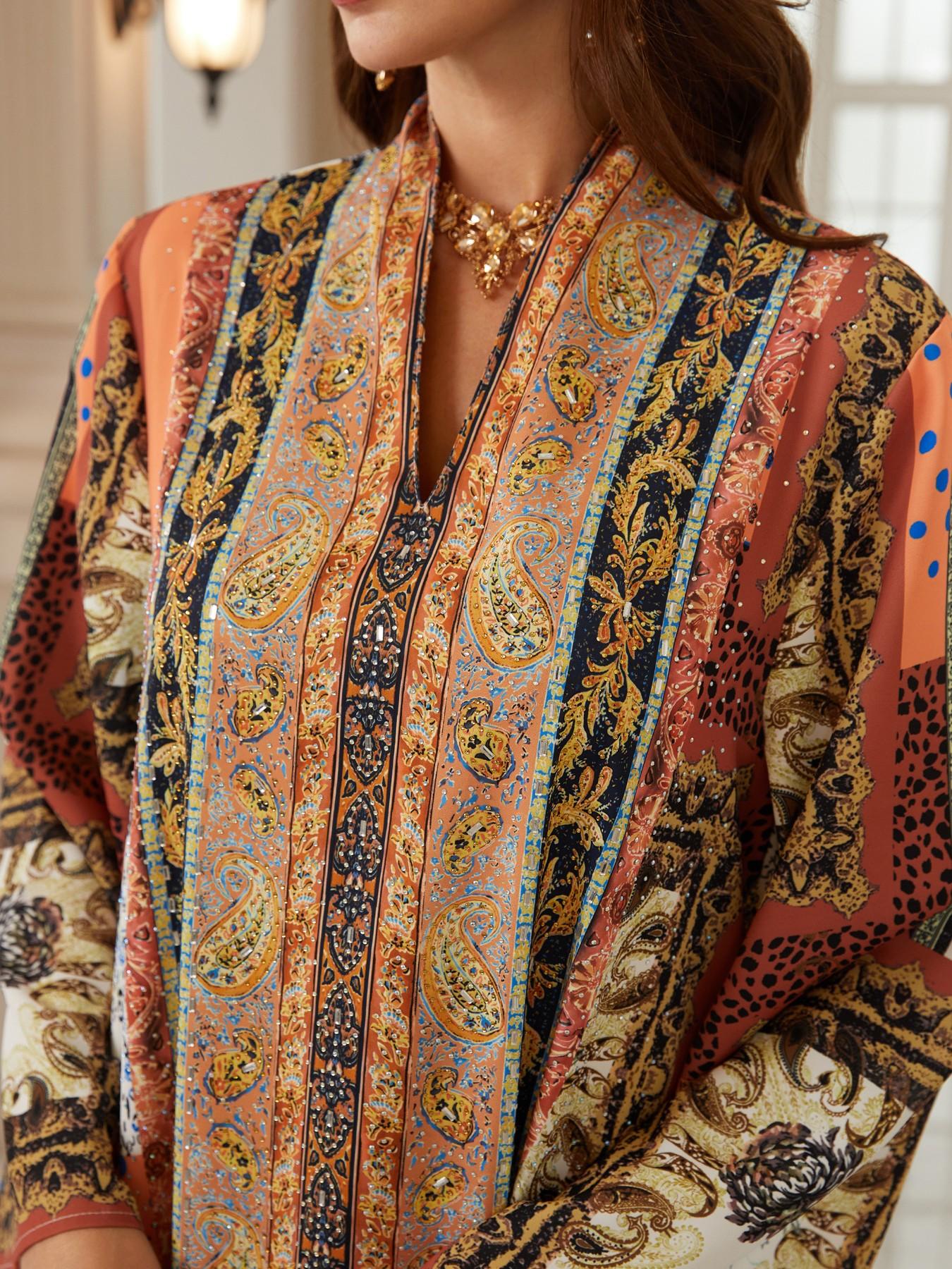 Middle Eastern Ramadan Women's Vintage Patchwork Paisley Rhinestone Long Robe, Dubai Style Festival Evening Gala Kaftan Abaya