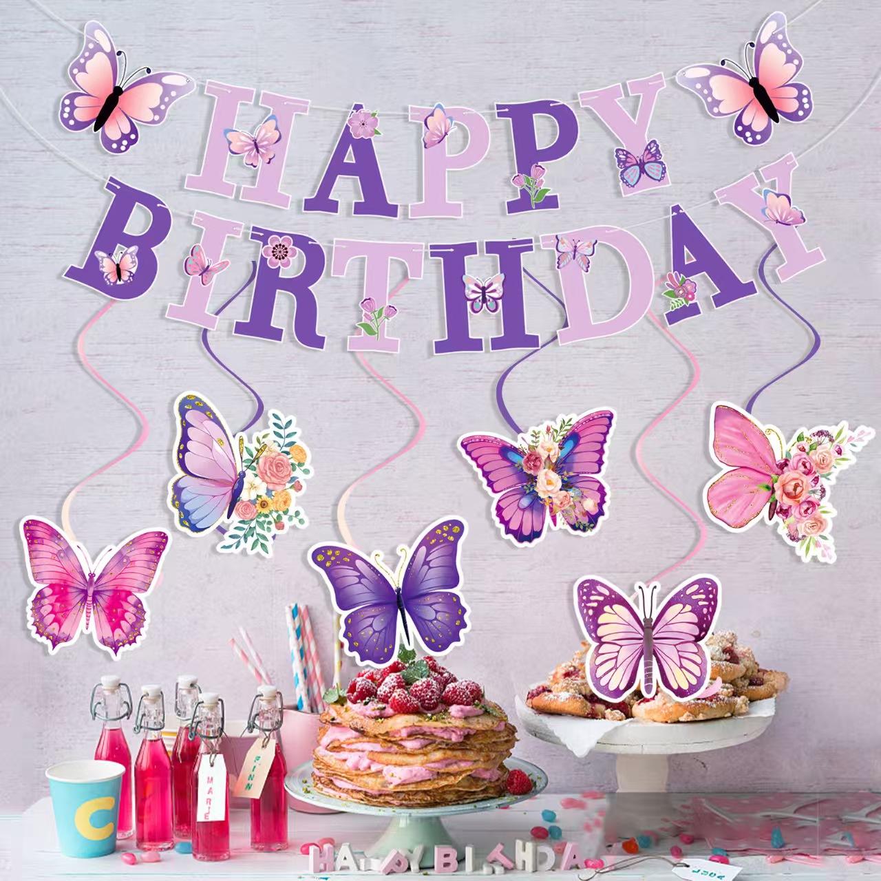 Butterfly Theme Party Decorations, Birthday Paper Flags with Rotating Banner, Indoor Outdoor Celebration, Perfect Gift