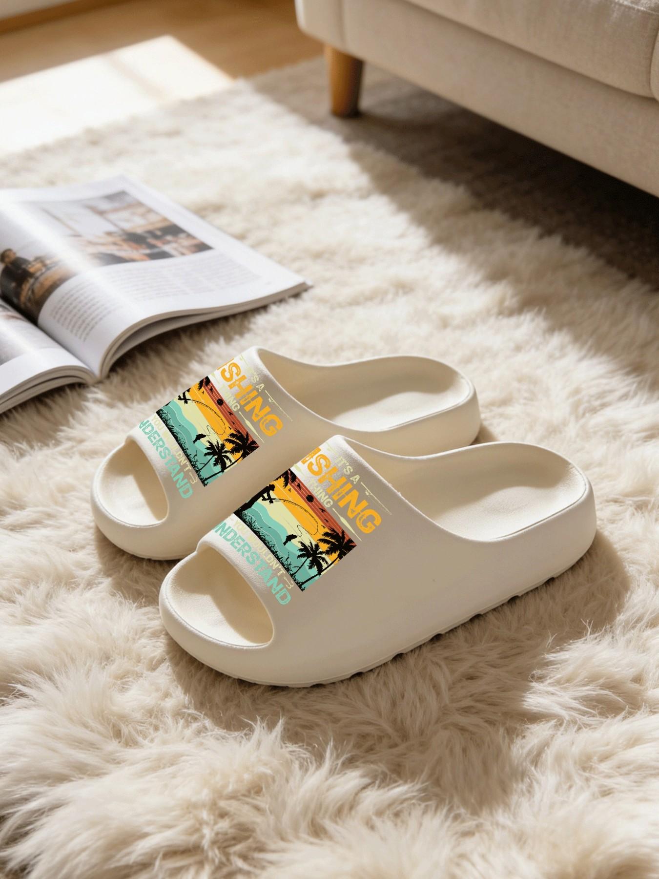 1 Pair Fishing Themed Printed Slippers, Outdoor Casual Style, Non-slip Soft Sole Open Toe Slides, Indoor & Outdoor Dual-use Bathroom Slides