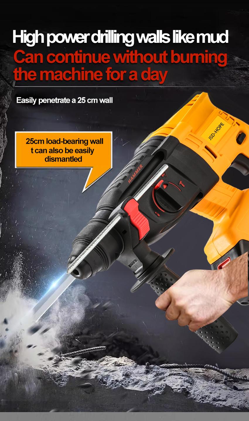 21V Electric Hammer Drill with 6/8/10/12 Chisel Bit, 360°C Swiveling Front Handle, Electric Hammer for Concrete Breaking