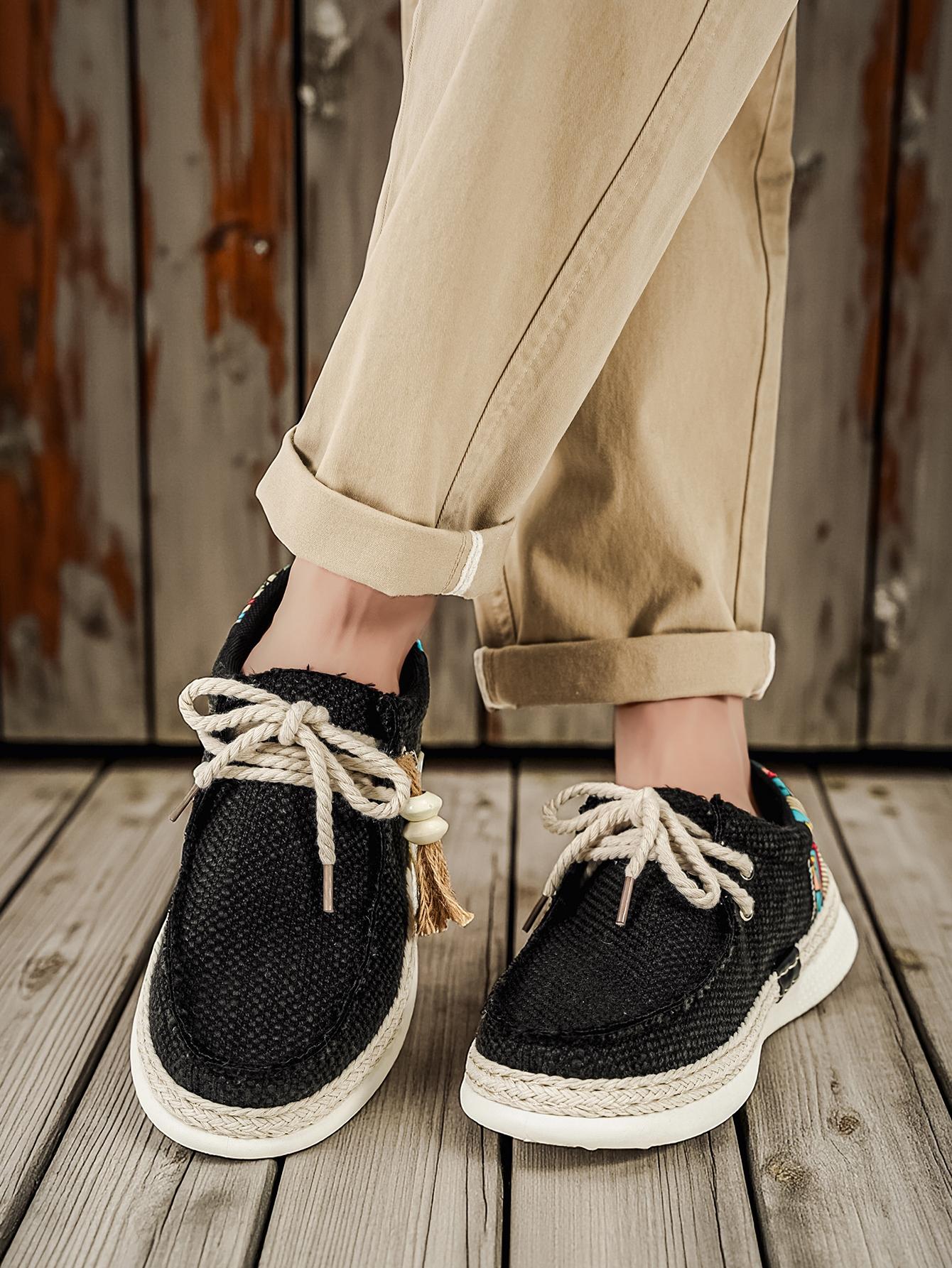 Summer New Men's Linen Shoes, Breathable Non-Stuffy, Colorblock Geometric Pattern, Fringe Decor, Retro Ethnic Style, Comfortable Thick Sole