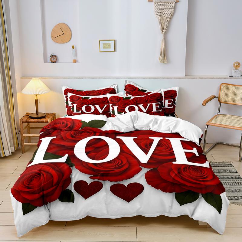3 Counts/set Valentine's Day Love Letter Rose Pattern Duvet Cover Set including 1 Duvet Cover + 2 Pillowcases, Soft and Comfortable Decorative Bedding for Bedroom or Guest Room, Without Comforter