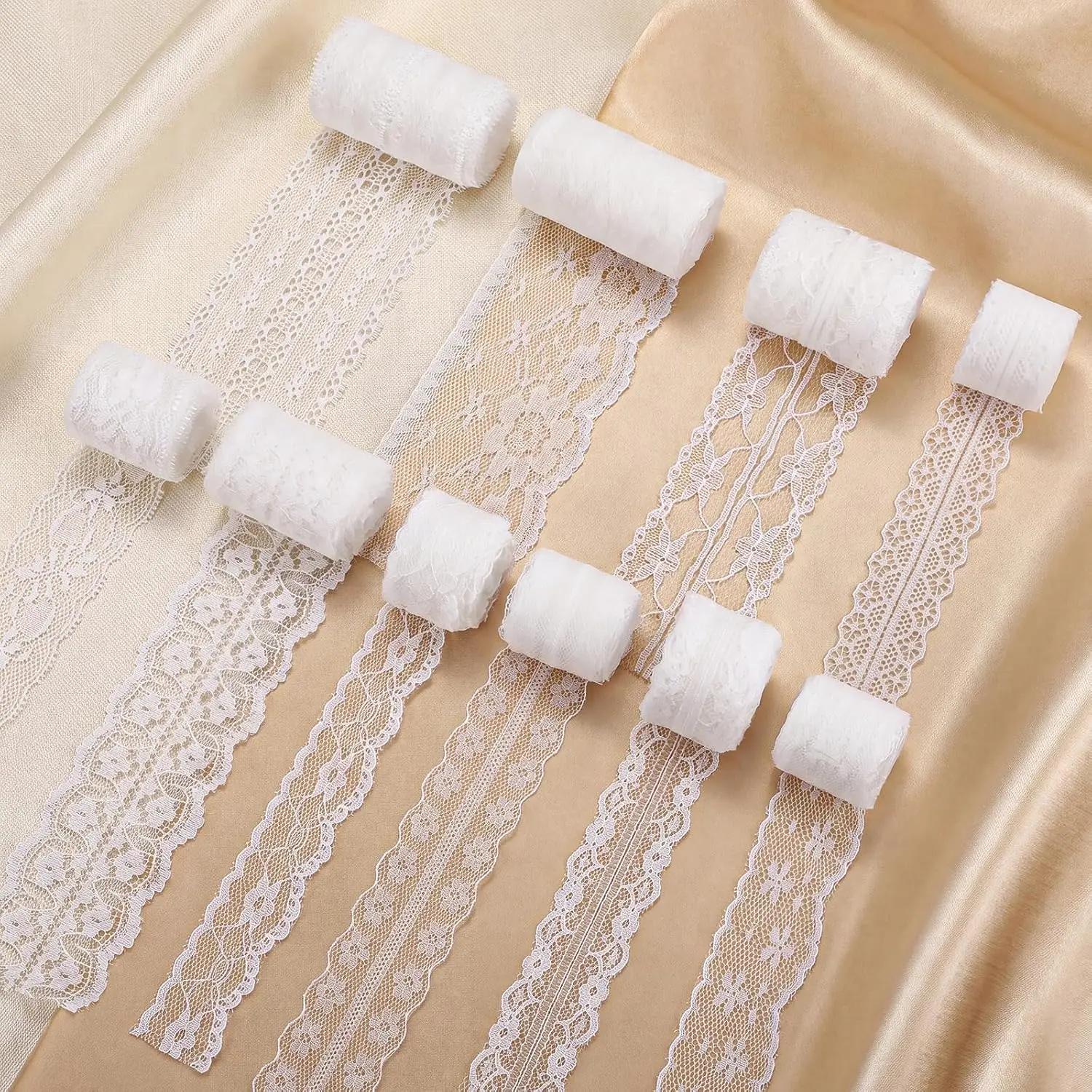 50 Yards Total White Lace Ribbon, 10 Rolls Assorted Width 1 Inch‑2.5 Inch, Vintage Lace Trim Ribbon for Crafts, Gift Wrapping, Wedding Decor & DIY Bow Making