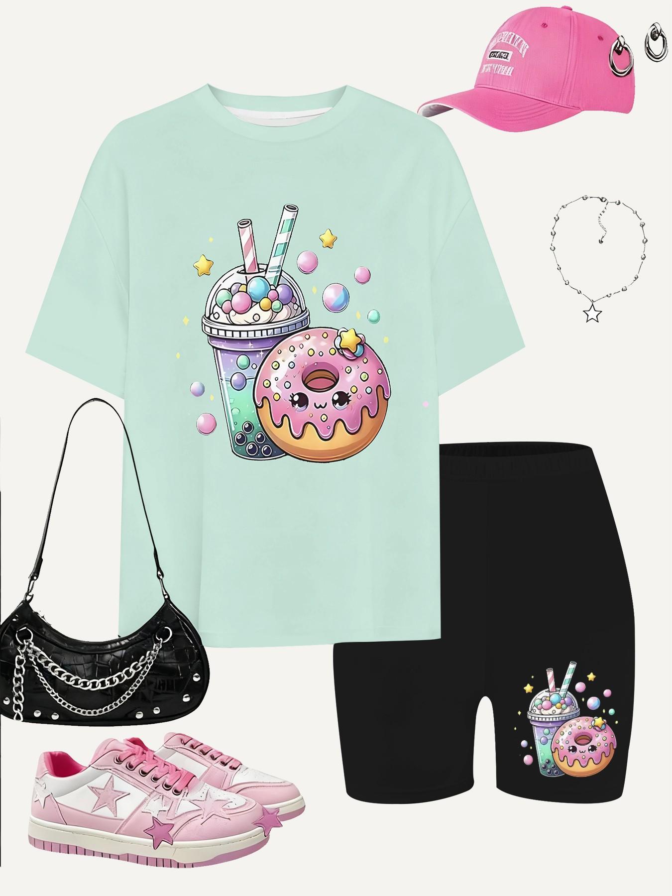 Girls' Cartoon Print Short Sleeve T-Shirt and Pants Set, Casual Streetwear, Comfortable Daily Wear, Perfect Gift for Kids, Outdoor Fashion