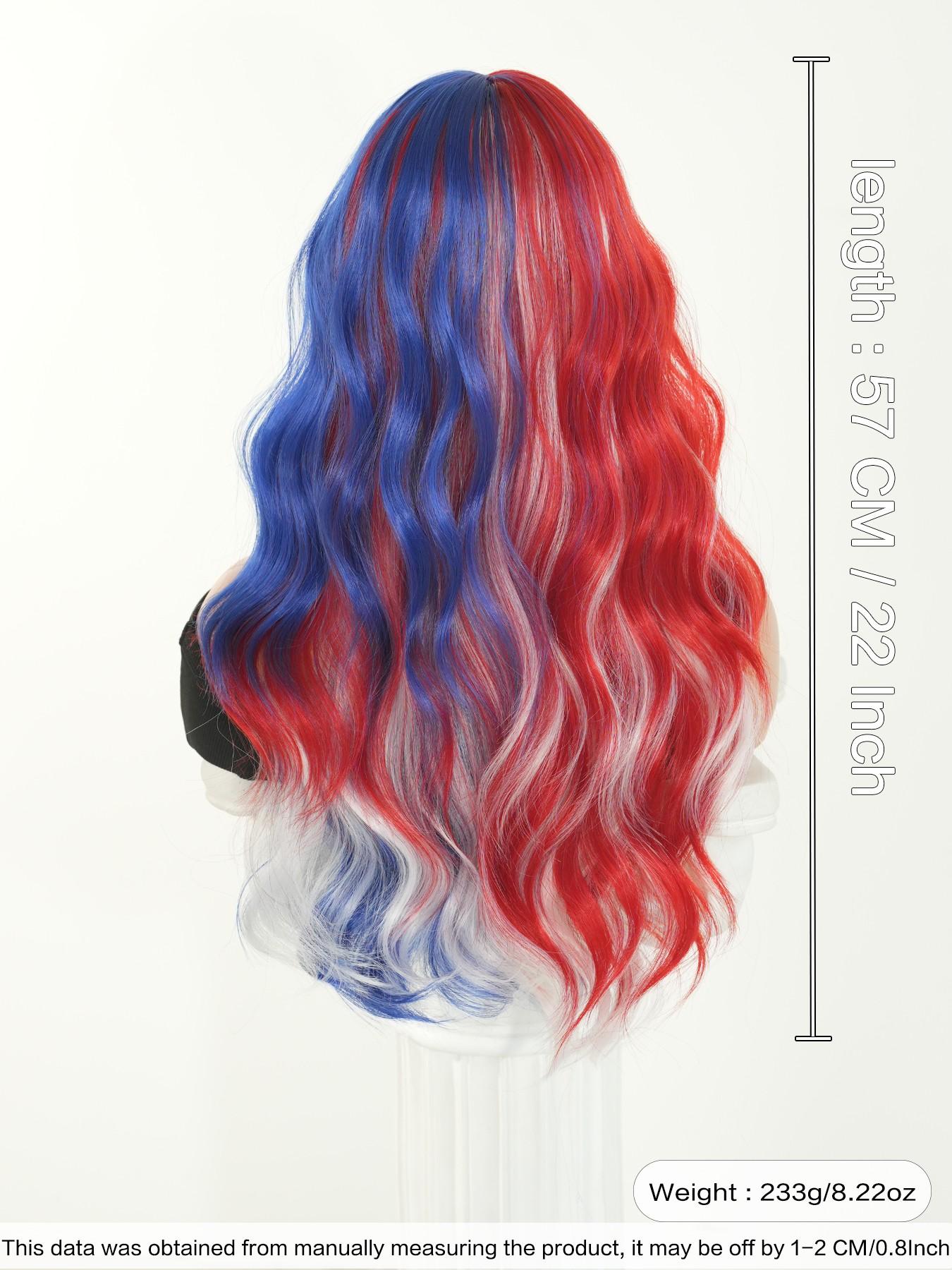 Red White & Blue Wigs for Women 22 Inch Medium Length Wavy Curly Wig with Bangs Synthetic Heat Resistant Wig for festival Fan Zone Support