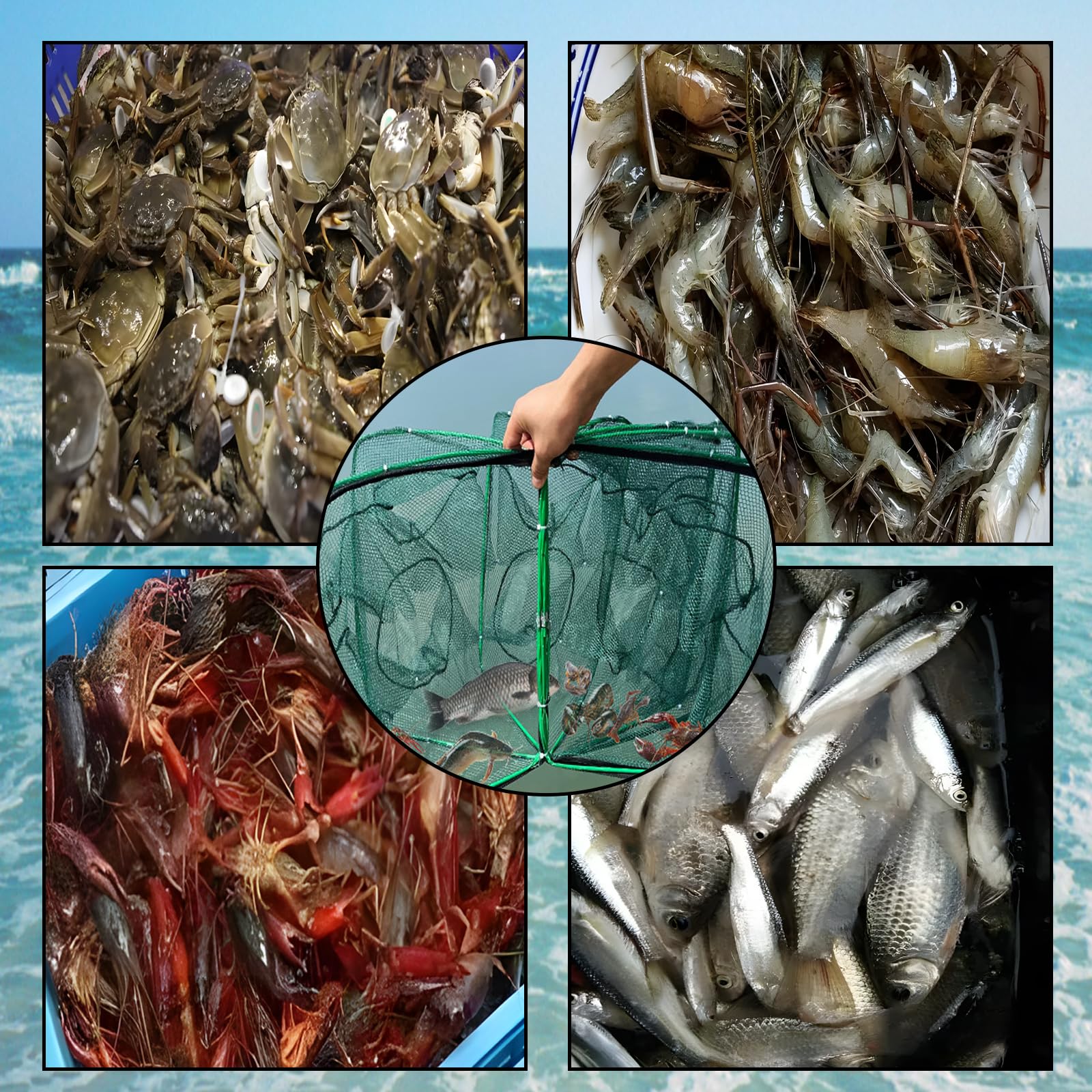 Automatic Folding Reinforced Durable Fishing Mesh Fishing Trap Net Set, Baitcasting Lure Kit for Carp Catfish Shrimp Crab Traps (set of 2)