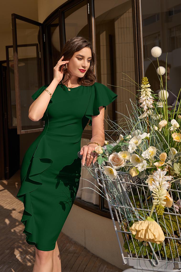 OYV Women's Vintage Elegant Church Ruffle Sleeve Ruched Bodycon Work Midi Pencil Dress