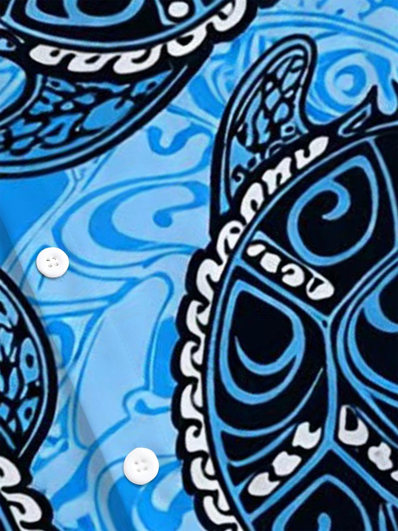 Men's Hawaiian Tropical Vacation Short Sleeve Collared Casual Shirt, Hawaiian Tropical Patterns, Blue Bottom Tribe Totem Turtle Print, Menswear