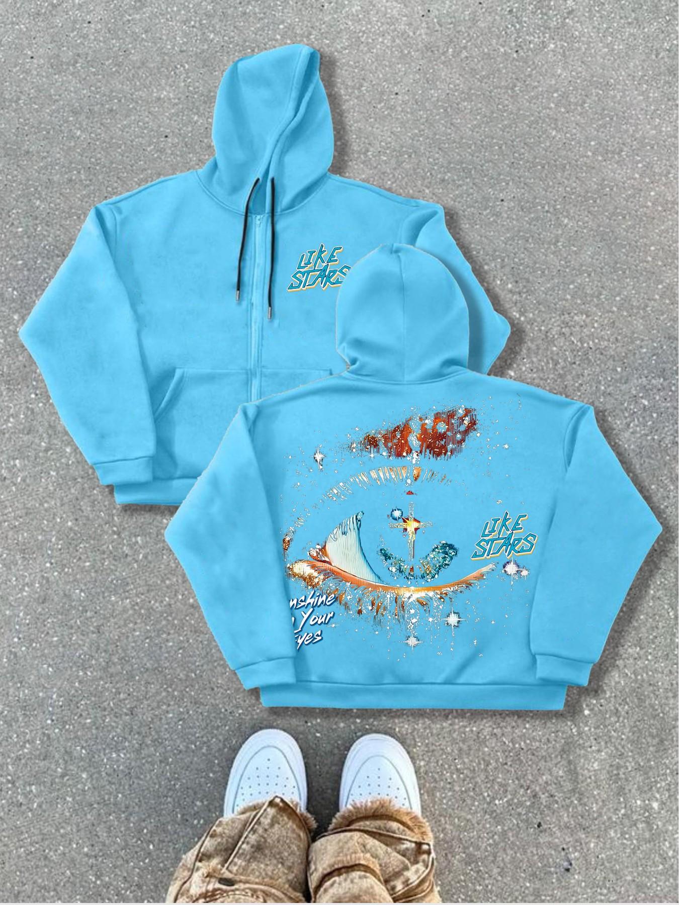 Autumn Winter Hooded Cardigan Sweatshirts Trendy Graphic Eye Letter Print Streetwear Street Style Fitted Knitwear, Thick Fabric, Perfect for Fall & Winter Seasons