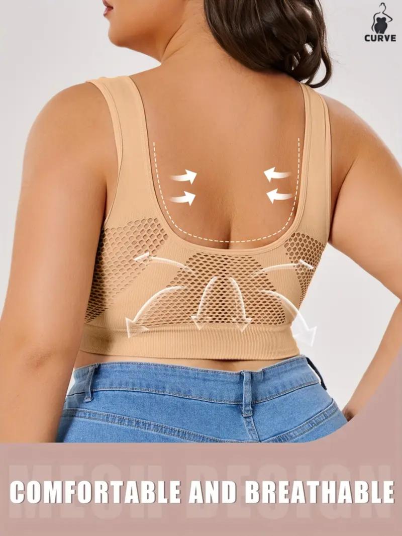 Plus Size Women's Seamless Wireless&Comfort Bra, Backless Mesh Crop Top, Casual Wearable Underwear,Soft and  Breathable Bra,No Padding,Every day Wear,All seasons