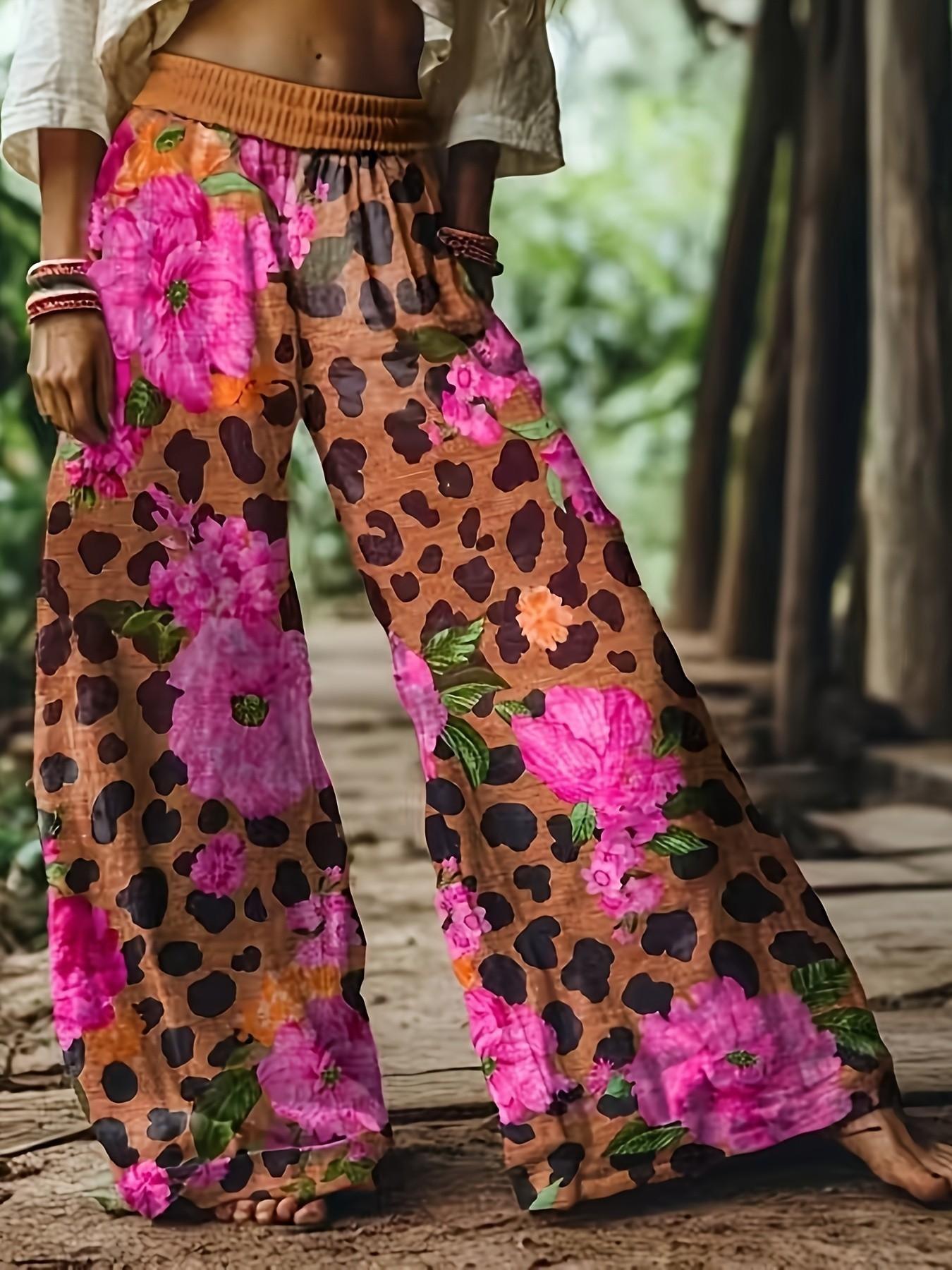 Women's Casual Bohemian Style Boho Floral Print Wide-Leg Loose Baggy Pants, Comfortable & Breathable Elastic Fabric, Ideal for Vacation, Home and Daily Wear, Suitable for Spring, Summer and Fall