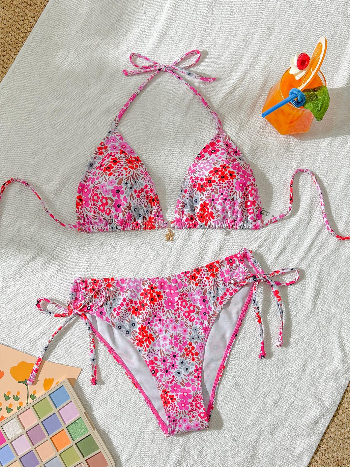 Women's High Waist Bikini Set, Floral Bikini Top, Thin Strap Floral Design, Two-Piece Swimsuit, Perfect for Beach Vacation and Summer Casual Wear