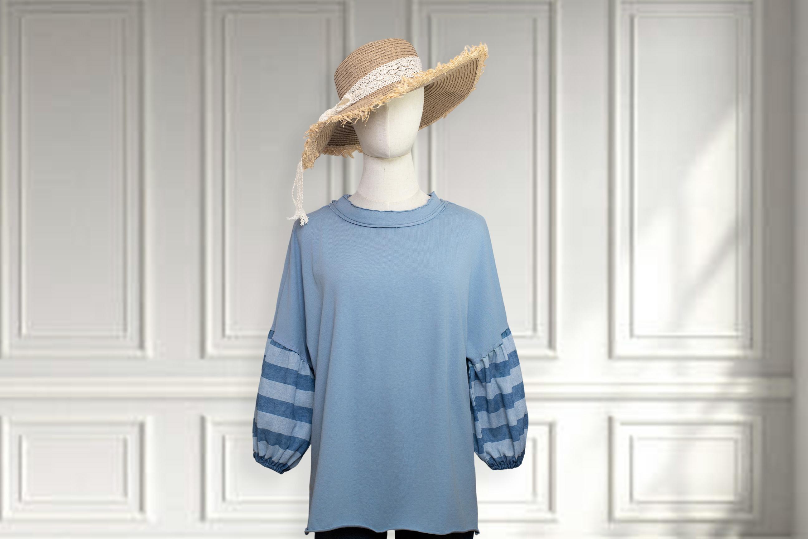 SageVell Vintage Wash Blue Sweatshirt Oversized Top Striped Puff Sleeve Shirt for Effortless Casual Chic Style Outdoorfun Fit Womenswear Round Neck Cotton