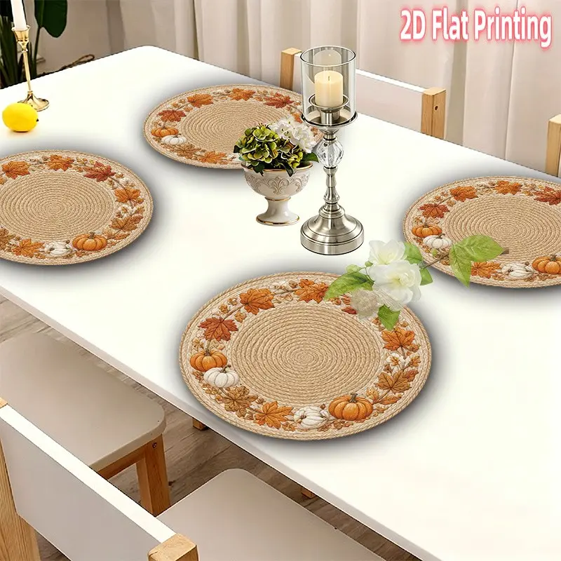 4-6-8 Piece 2D Print Place Mats, Rustic Pumpkin Leaf 15 Inch Polyester Dining Table Mats, Home Decor, Wedding, Anniversary, Festival, Party