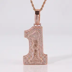 [ICE HUE] Custom 1 Number only 1Pendant Necklace with 6 Letters DIY, 18K Gold Vacuum Plated Iced Out Bling 5A+ Sri Lanka Zircon, Hip Hop Personalized Jewelry Gift for Men Women(Please note if you need DIY letters)